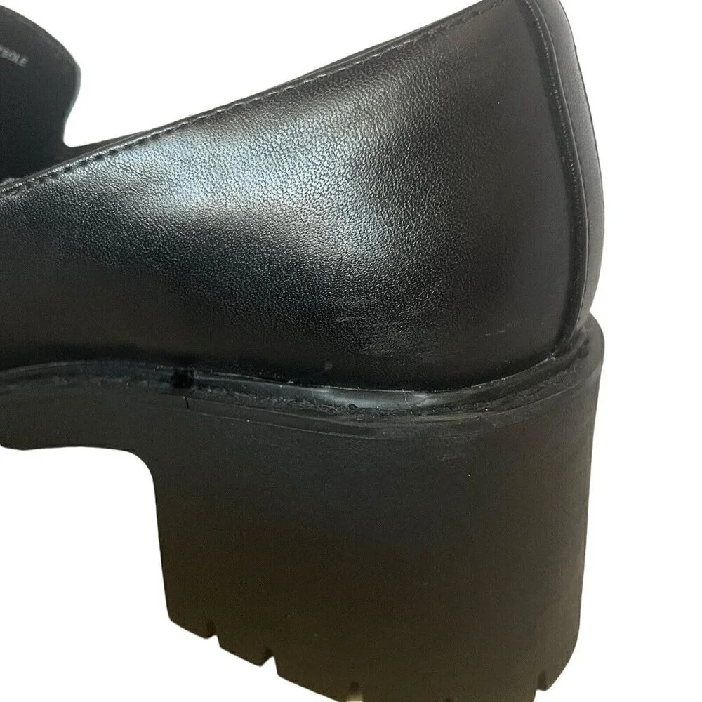 Womens 8.5 Chunky Platform Slip On Penny Loafer Black Faux Leather Lug Soles